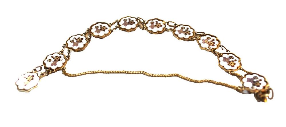 Vintage Gold-Tone Link Bracelet With White Enamel Clover Motifs